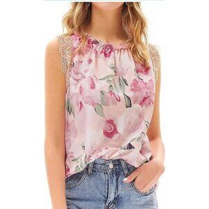 GRACE KARIN Women's S Work Chiffon Blouse Pink Floral Rose Sleeveless Lace NWT
